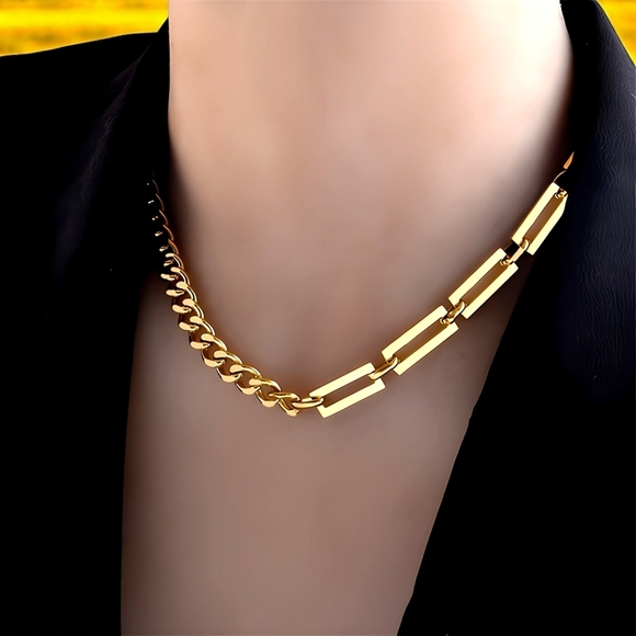 🆕️18K Gold Plated Cuban Chain Necklace + FREE Stainless Steel Earrings! Trendy - Picture 1 of 14